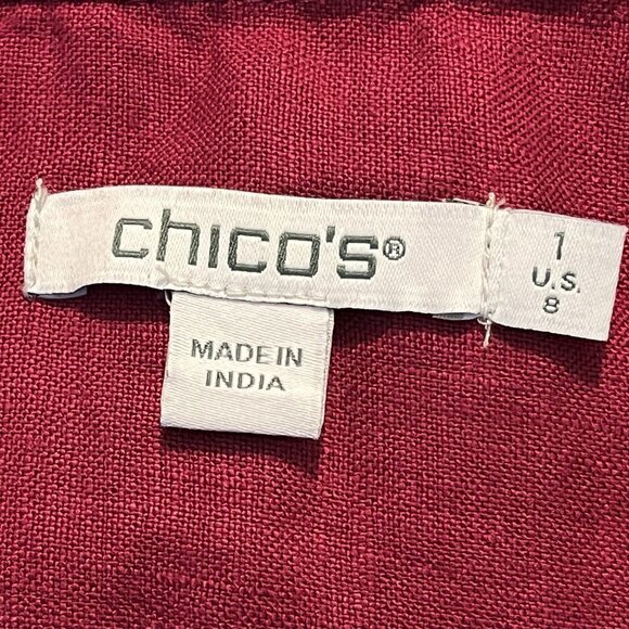 Chico's Linen Midi Dress Size 1 (8) Magenta Tiered Long Ruffle V Neck Pockets - Picture 3 of 11